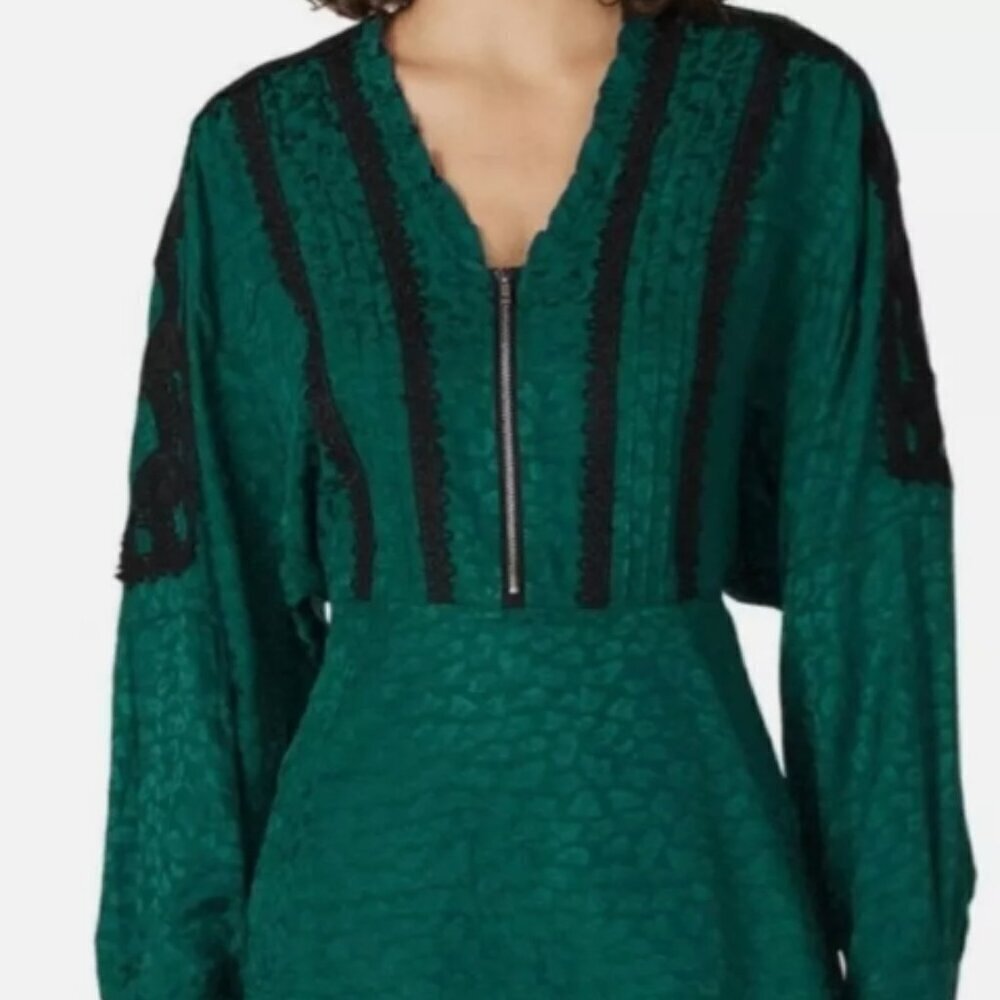 Koche Green Long Sleeved Blouse With Black Lace Design
